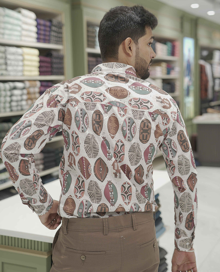 Cream-Brown Cotton-Blended Casual Shirt, Adorned with Surfing Board Motifs Print, Comes with a Spread Collar, Full-Sleeves, Slim Fit, and Regular Length