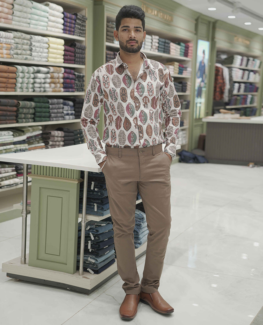 Cream-Brown Cotton-Blended Casual Shirt, Adorned with Surfing Board Motifs Print, Comes with a Spread Collar, Full-Sleeves, Slim Fit, and Regular Length
