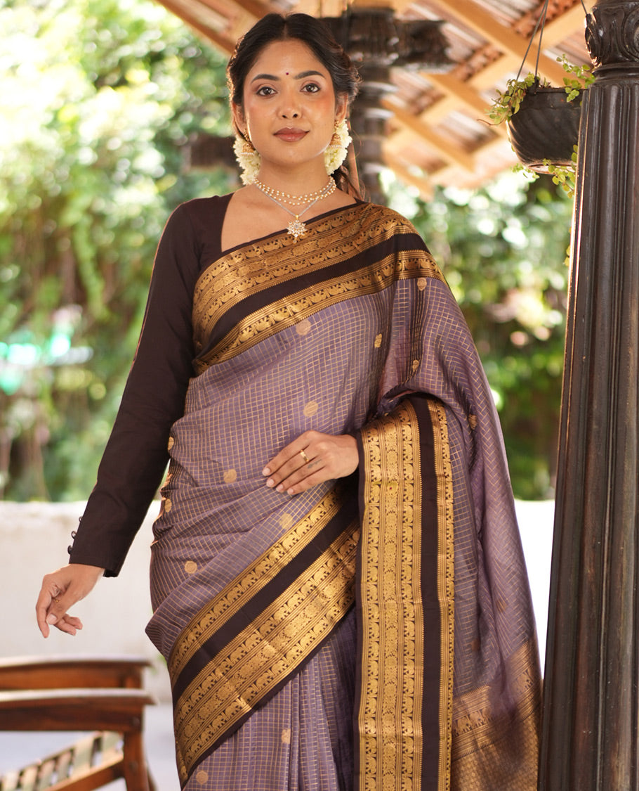 Lavender Grey Checked Vasundhara Lite Silkmix Saree, Contrast Elephant Border, Jaal Pallu, and Contrast Blouse