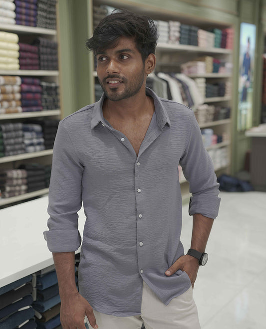 Grey Plain Poly-Blend Casual Shirt, Comes with a Spread Collar, Full-Sleeves, Slim Fit, and Regular Length