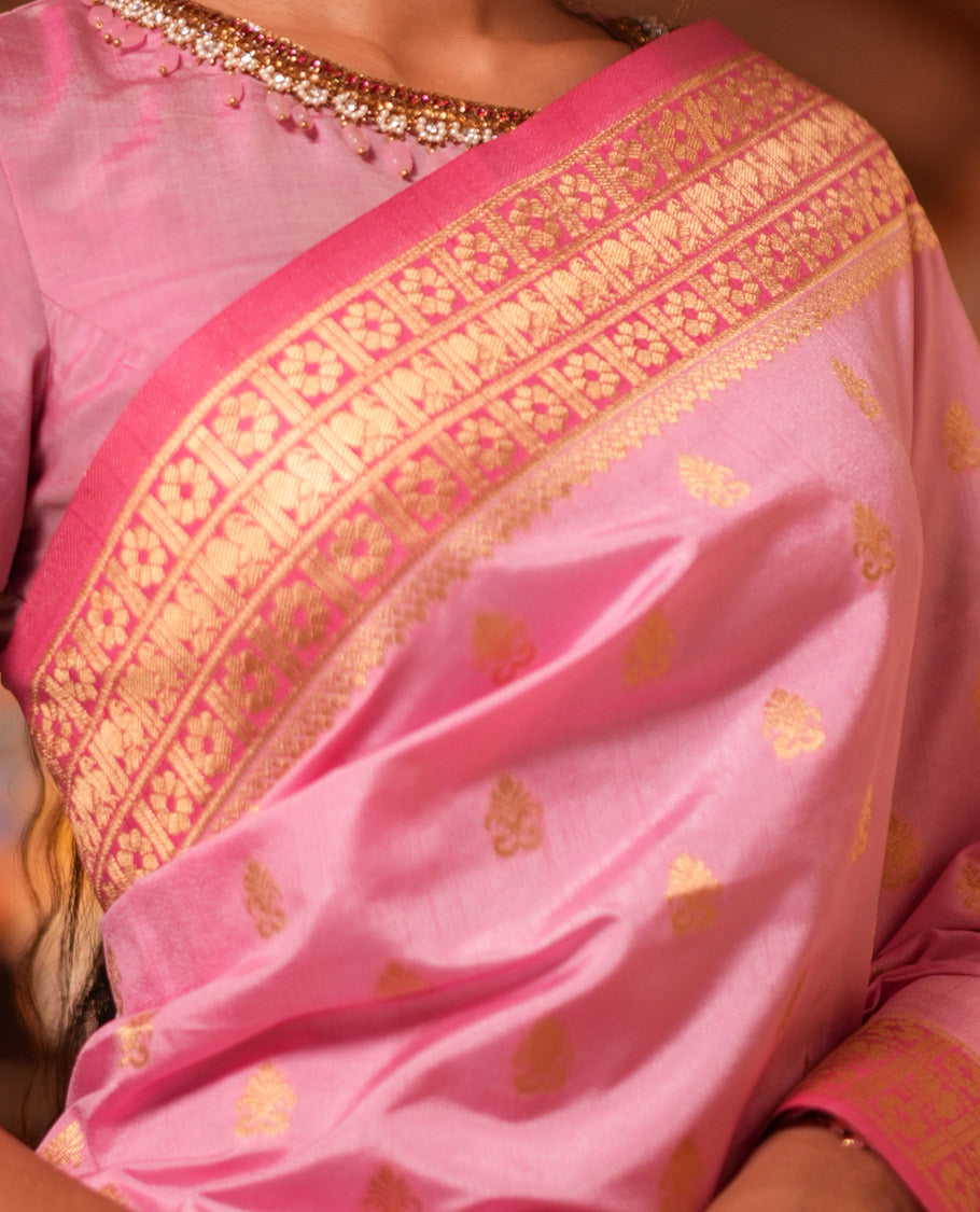 Baby Pink Fancy Raw Silk Saree, Subtly Woven with Buttas, Peacock-Flower Traditional Border, and a Matching Blouse
