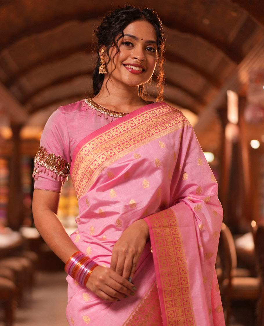 Baby Pink Fancy Raw Silk Saree, Subtly Woven with Buttas, Peacock-Flower Traditional Border, and a Matching Blouse