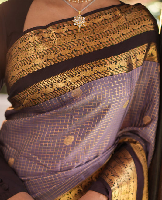 Lavender Grey Checked Vasundhara Lite Silkmix Saree, Contrast Elephant Border, Jaal Pallu, and Contrast Blouse