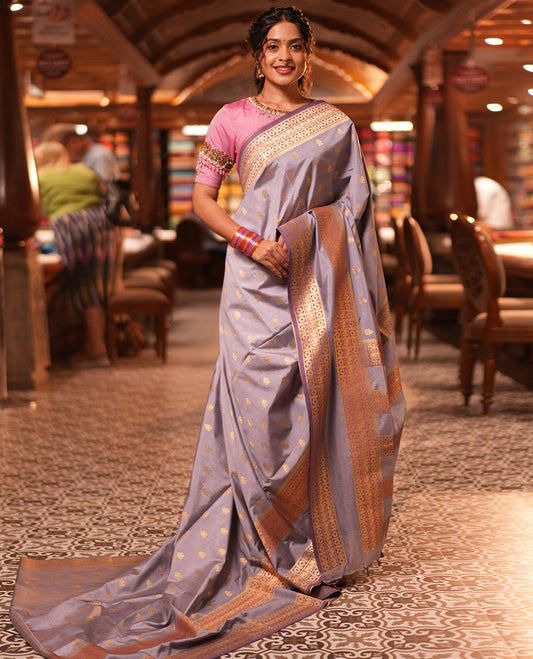 Grey Fancy Raw Silk Saree, Subtly Woven with Buttas, Peacock-Flower Traditional Border, and a Matching Blouse