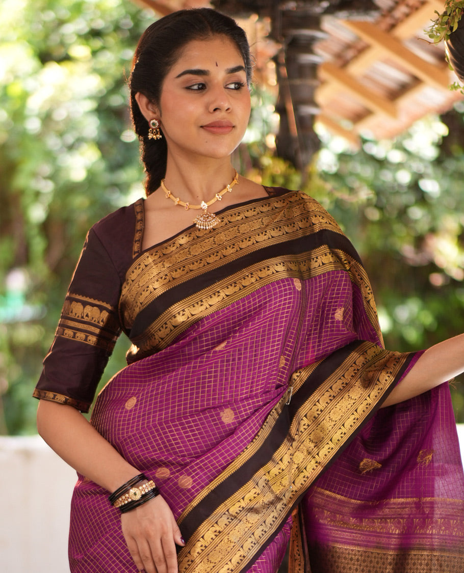 Magenta Checked Vasundhara Lite Silkmix Saree, Contrast Elephant Border, Jaal Pallu, and Contrast Blouse