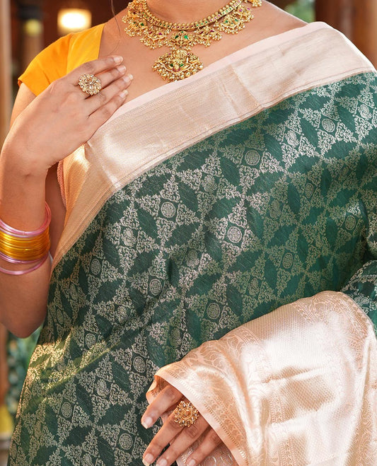 Green-Peach Jacquard Design Budget Silk Saree