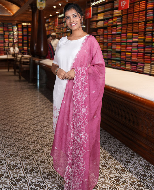 Cream-Pink Organza Material Chudidar, Floral Thread Embroidery Top, Contrast Bottom, and Embroidered Scallop Dupatta