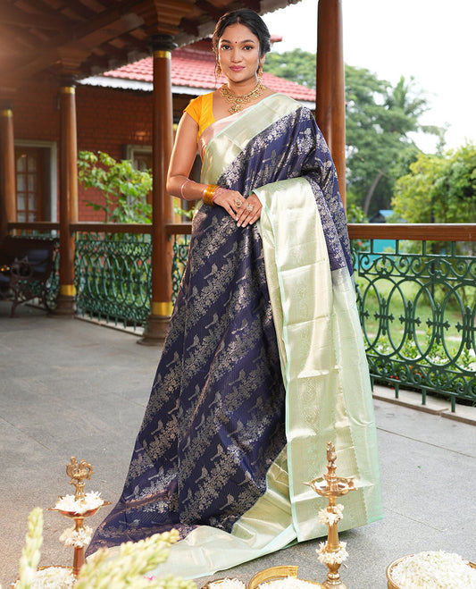 Navy Blue-Pista Green Budget Silk Saree