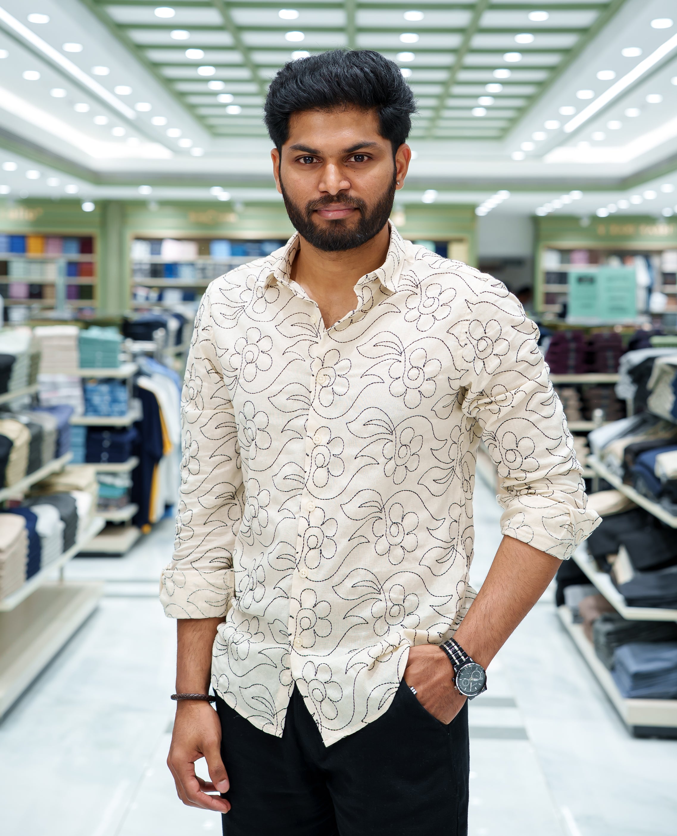 Cream Cotton-Blended Casual Shirt, Elevated with Floral-theme Thread Embroidery, Featuring a Spread Collar, Full Sleeves, Slim Fit, and Regular Length