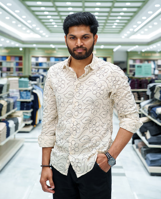 Cream Cotton-Blended Casual Shirt, Elevated with Floral-theme Thread Embroidery, Featuring a Spread Collar, Full Sleeves, Slim Fit, and Regular Length