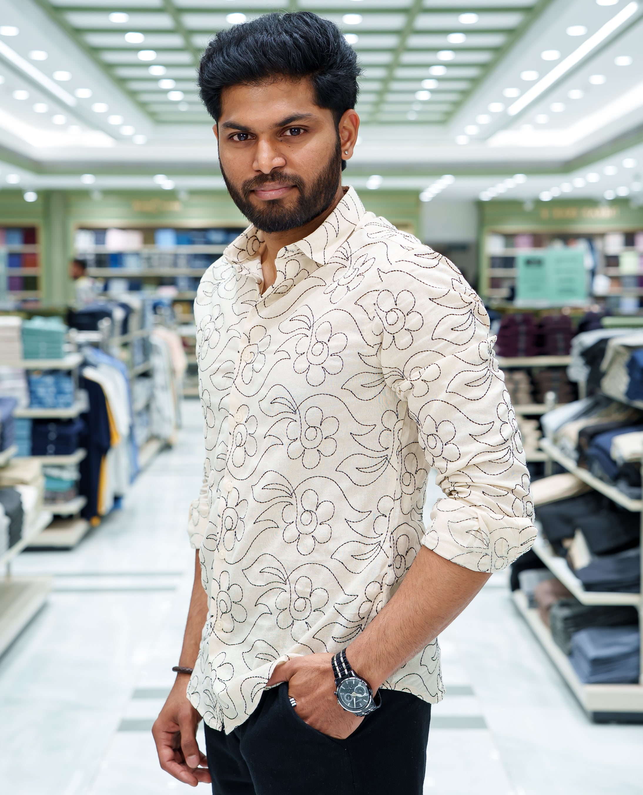 Cream Cotton-Blended Casual Shirt, Elevated with Floral-theme Thread Embroidery, Featuring a Spread Collar, Full Sleeves, Slim Fit, and Regular Length
