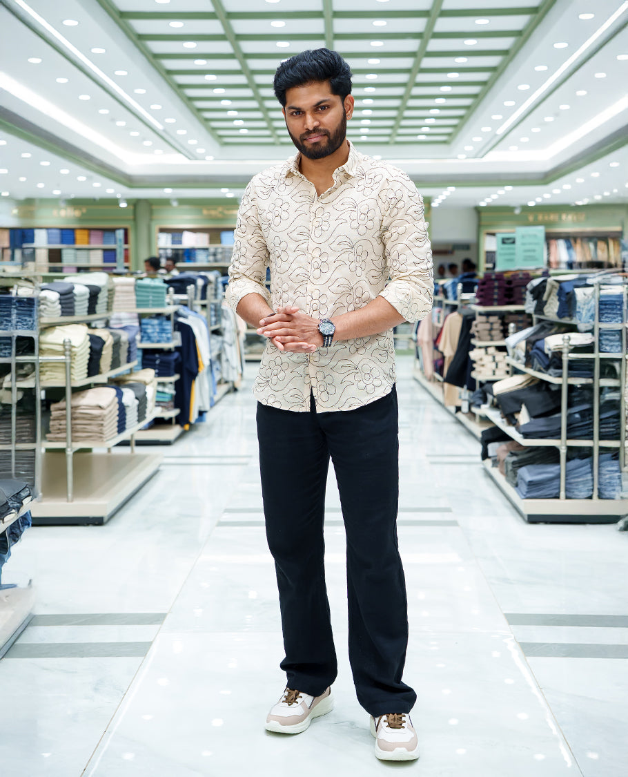 Cream Cotton-Blended Casual Shirt, Elevated with Floral-theme Thread Embroidery, Featuring a Spread Collar, Full Sleeves, Slim Fit, and Regular Length