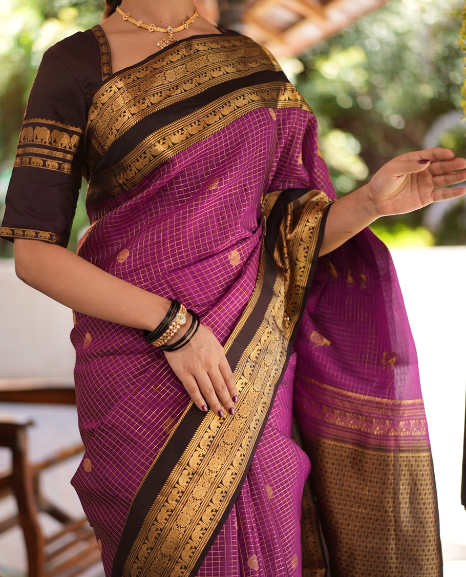 Magenta Checked Vasundhara Lite Silkmix Saree, Contrast Elephant Border, Jaal Pallu, and Contrast Blouse
