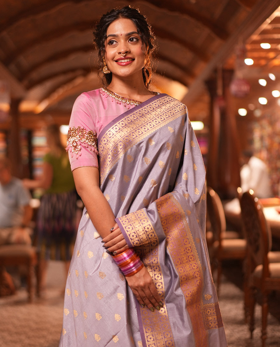 Grey Fancy Raw Silk Saree, Subtly Woven with Buttas, Peacock-Flower Traditional Border, and a Matching Blouse