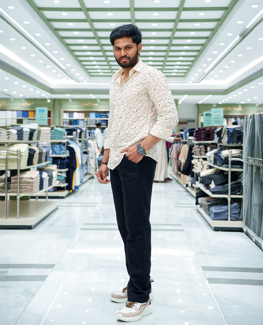 Cream Cotton-Blended Casual Shirt, Accentuated with Geometric Thread Embroidery, Featuring a Spread Collar, Full Sleeves, Slim Fit, and Regular Length