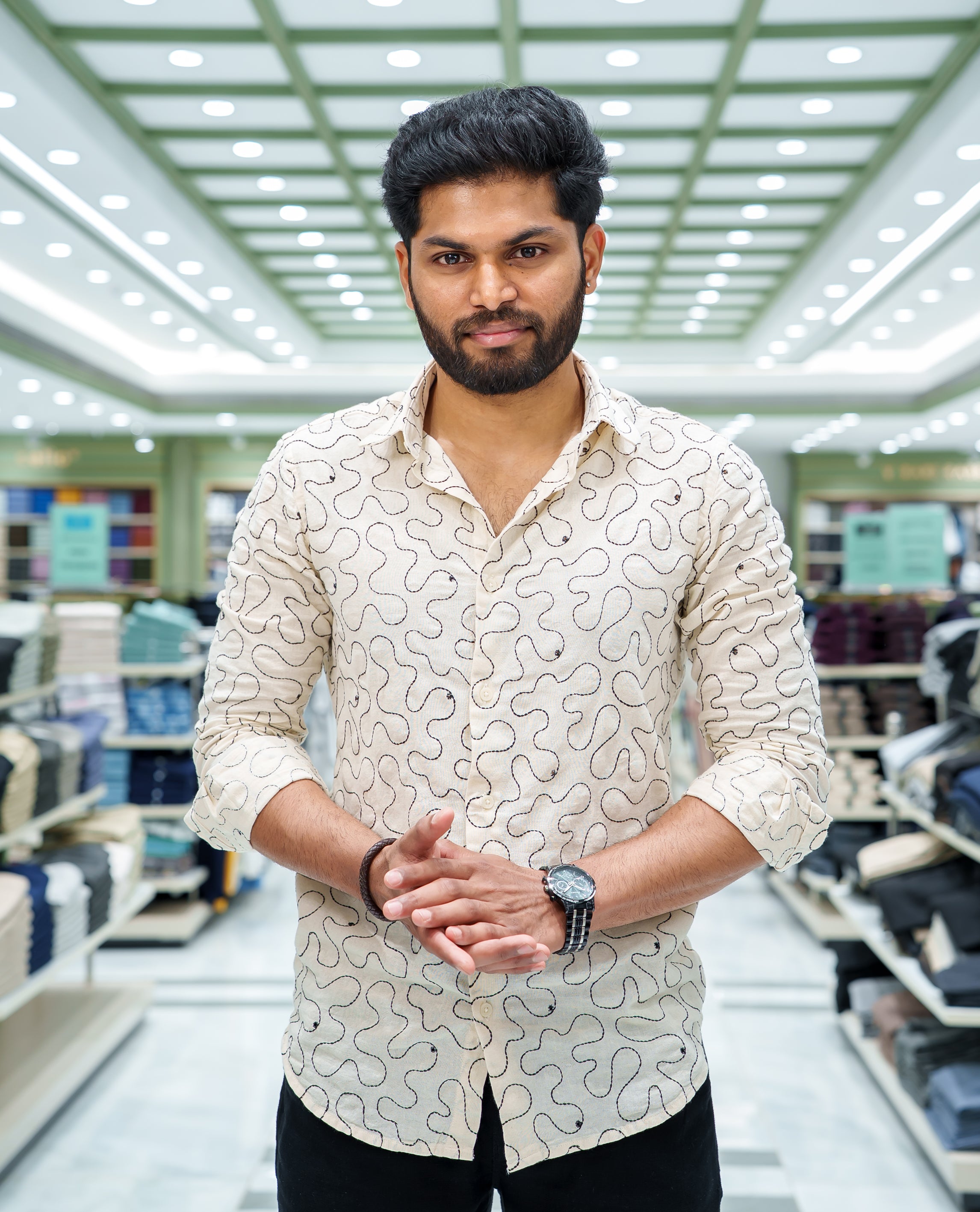 Cream Cotton-Blended Casual Shirt, Accentuated with Geometric Thread Embroidery, Featuring a Spread Collar, Full Sleeves, Slim Fit, and Regular Length