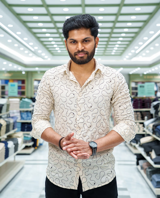 Cream Cotton-Blended Casual Shirt, Accentuated with Geometric Thread Embroidery, Featuring a Spread Collar, Full Sleeves, Slim Fit, and Regular Length