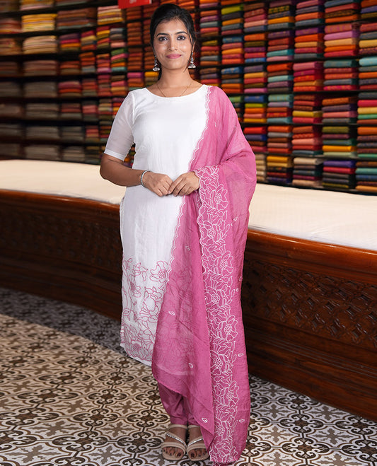 Cream-Pink Organza Material Chudidar, Floral Thread Embroidery Top, Contrast Bottom, and Embroidered Scallop Dupatta