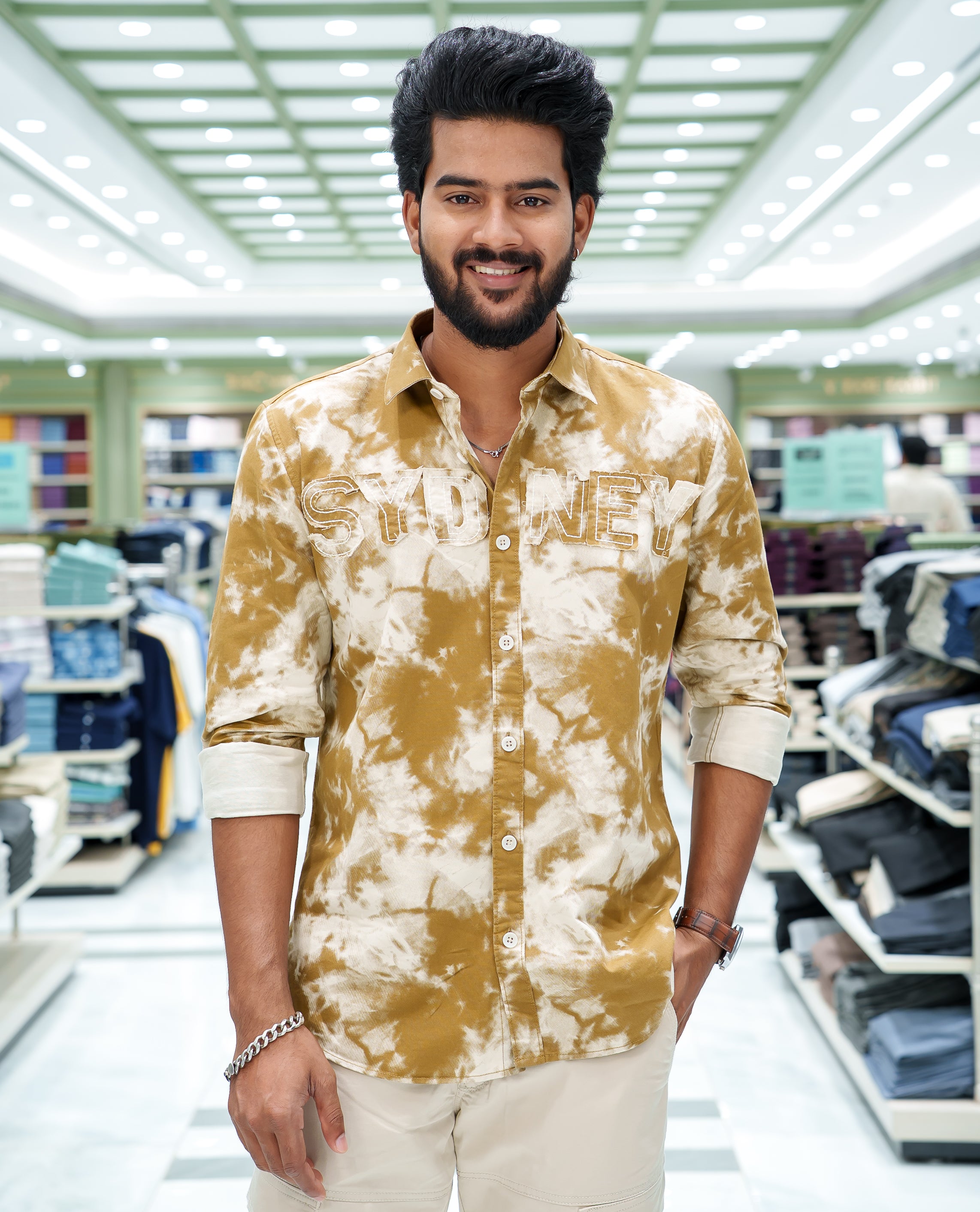 Khaki Cotton Blended Casual Shirt, Delicately Designed with Acid-Washed and Typography Patch Embroidery on the Chest, Featuring a Spread Collar, Full Sleeves, Slim Fit, and Regular Length