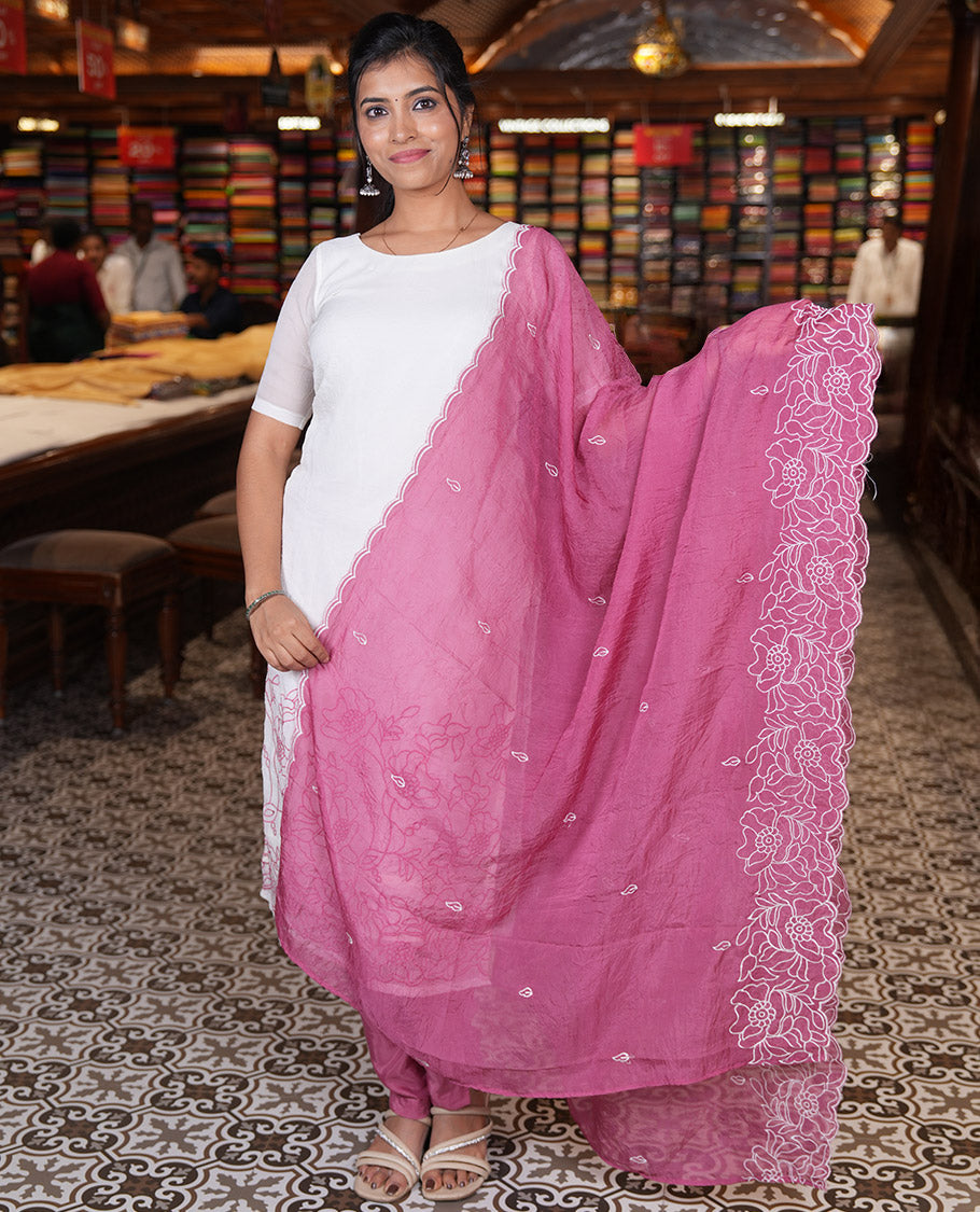 Cream-Pink Organza Material Chudidar, Floral Thread Embroidery Top, Contrast Bottom, and Embroidered Scallop Dupatta