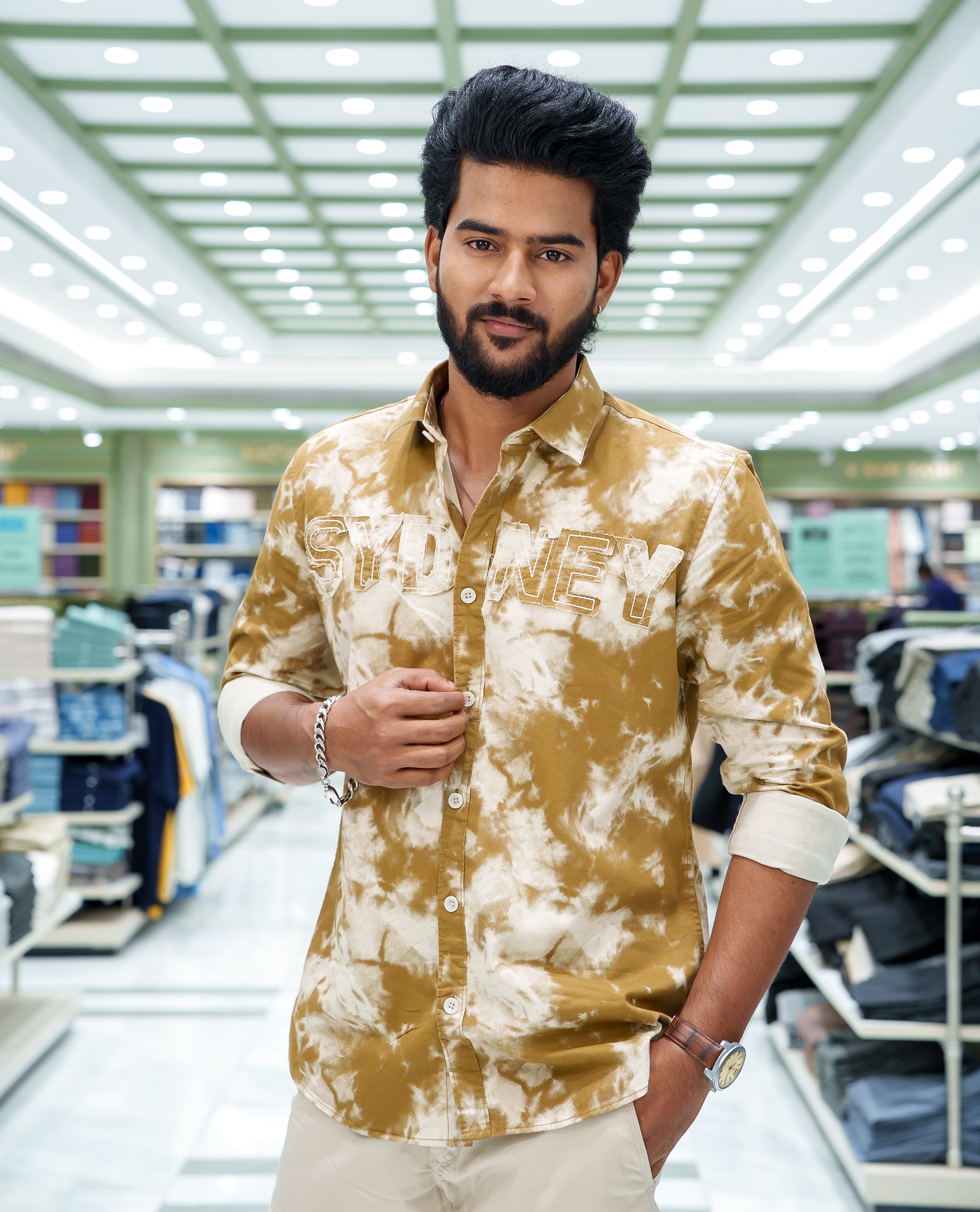 Khaki Cotton Blended Casual Shirt, Delicately Designed with Acid-Washed and Typography Patch Embroidery on the Chest, Featuring a Spread Collar, Full Sleeves, Slim Fit, and Regular Length