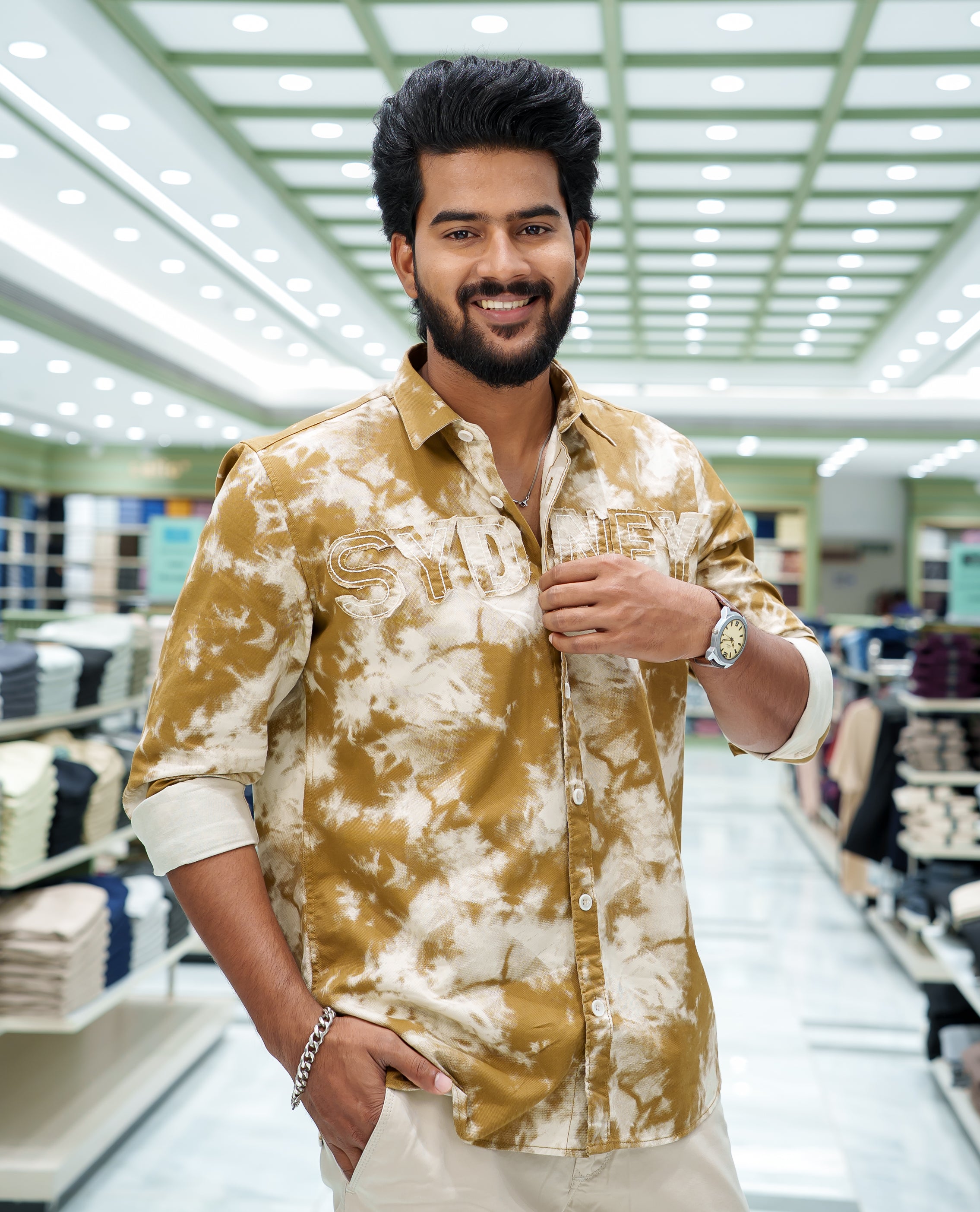 Khaki Cotton Blended Casual Shirt, Delicately Designed with Acid-Washed and Typography Patch Embroidery on the Chest, Featuring a Spread Collar, Full Sleeves, Slim Fit, and Regular Length