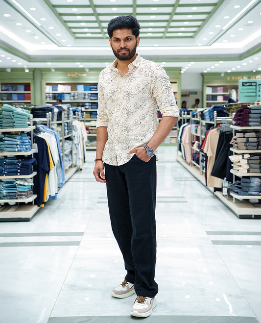 Cream Cotton-Blended Casual Shirt, Adorned with Floral-Vine Thread Embroidery, Featuring a Spread Collar, Full Sleeves, Slim Fit, and Regular Length