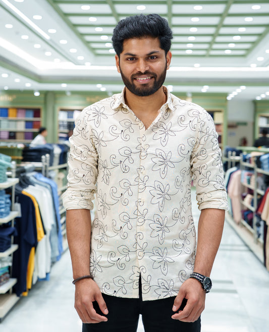 Cream Cotton-Blended Casual Shirt, Adorned with Floral-Vine Thread Embroidery, Featuring a Spread Collar, Full Sleeves, Slim Fit, and Regular Length