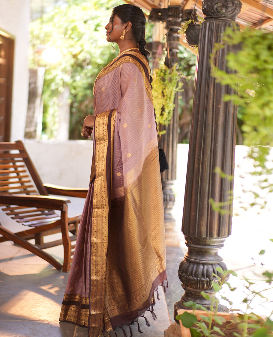 Onion Pink Vasundhara Lite Silkmix Saree, Contrast Elephant Border, Jaal Pallu, and Contrast Blouse