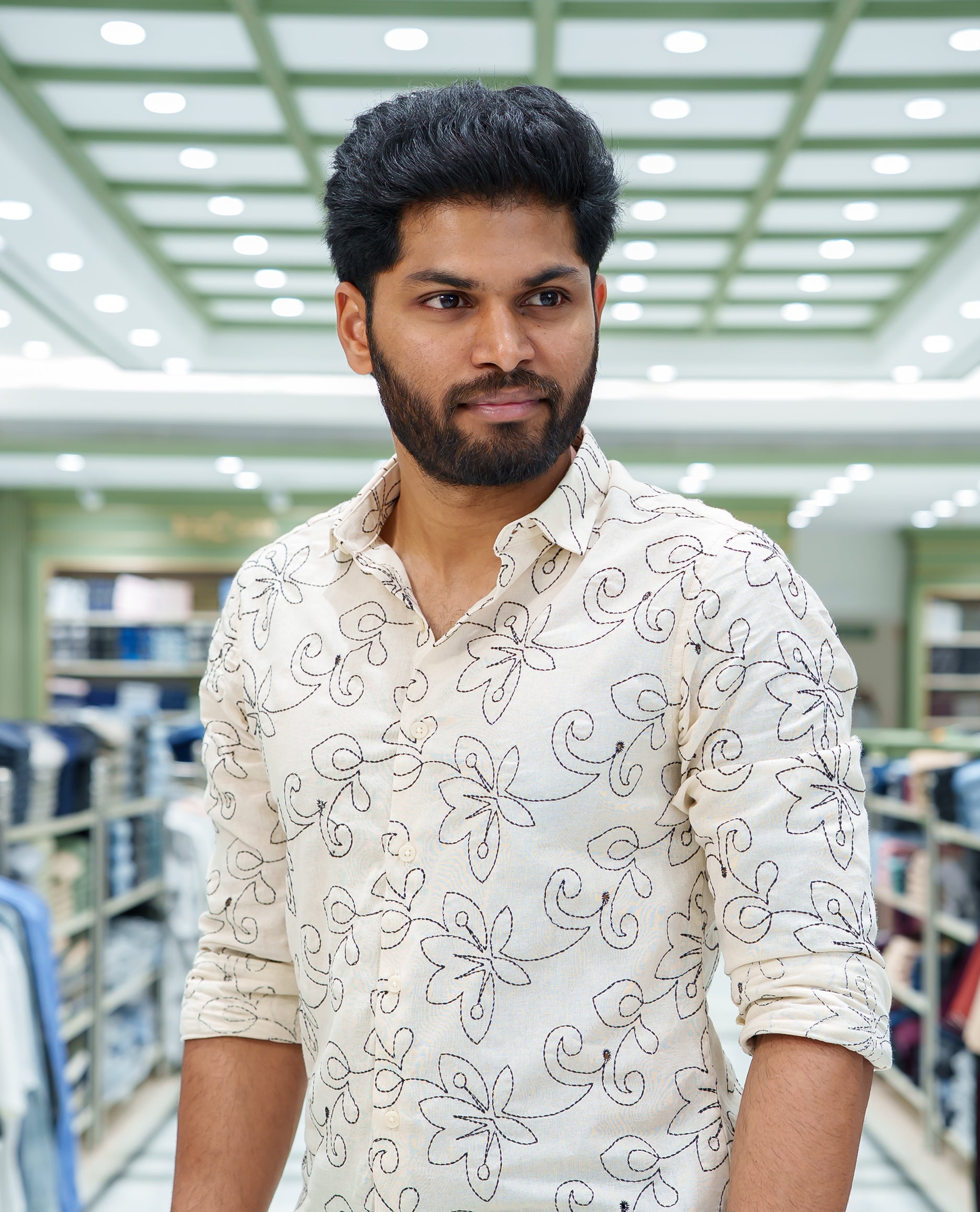 Cream Cotton-Blended Casual Shirt, Adorned with Floral-Vine Thread Embroidery, Featuring a Spread Collar, Full Sleeves, Slim Fit, and Regular Length