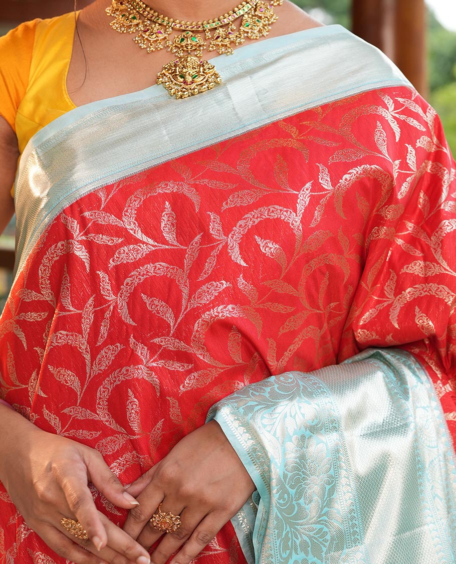 Red-Sky Blue Floral Jacquard Budget Silk Saree