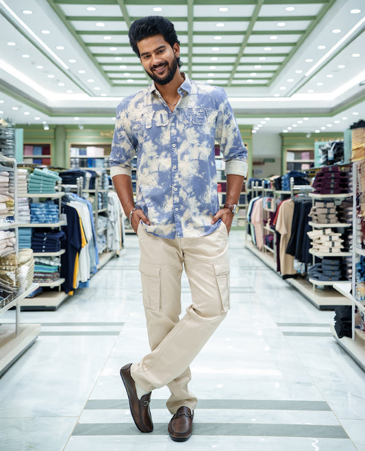 Blue Cotton Blended Casual Shirt, Adorned with Acid-Washed and Typography Patch Embroidery on the Chest, Featuring a Spread Collar, Full Sleeves, Slim Fit, and Regular Length