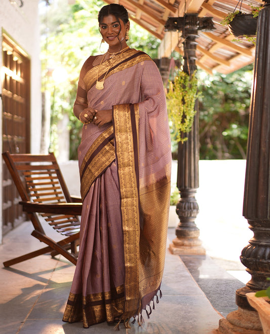 Onion Pink Vasundhara Lite Silkmix Saree, Contrast Elephant Border, Jaal Pallu, and Contrast Blouse