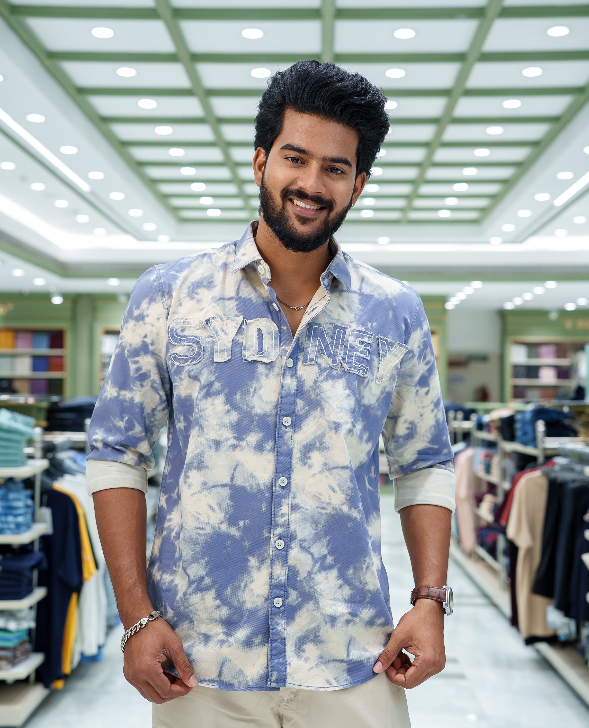 Blue Cotton Blended Casual Shirt, Adorned with Acid-Washed and Typography Patch Embroidery on the Chest, Featuring a Spread Collar, Full Sleeves, Slim Fit, and Regular Length