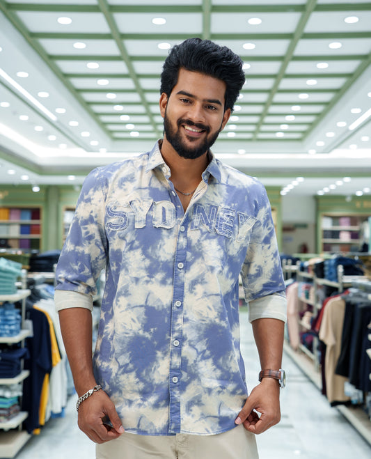 Blue Cotton Blended Casual Shirt, Adorned with Acid-Washed and Typography Patch Embroidery on the Chest, Featuring a Spread Collar, Full Sleeves, Slim Fit, and Regular Length