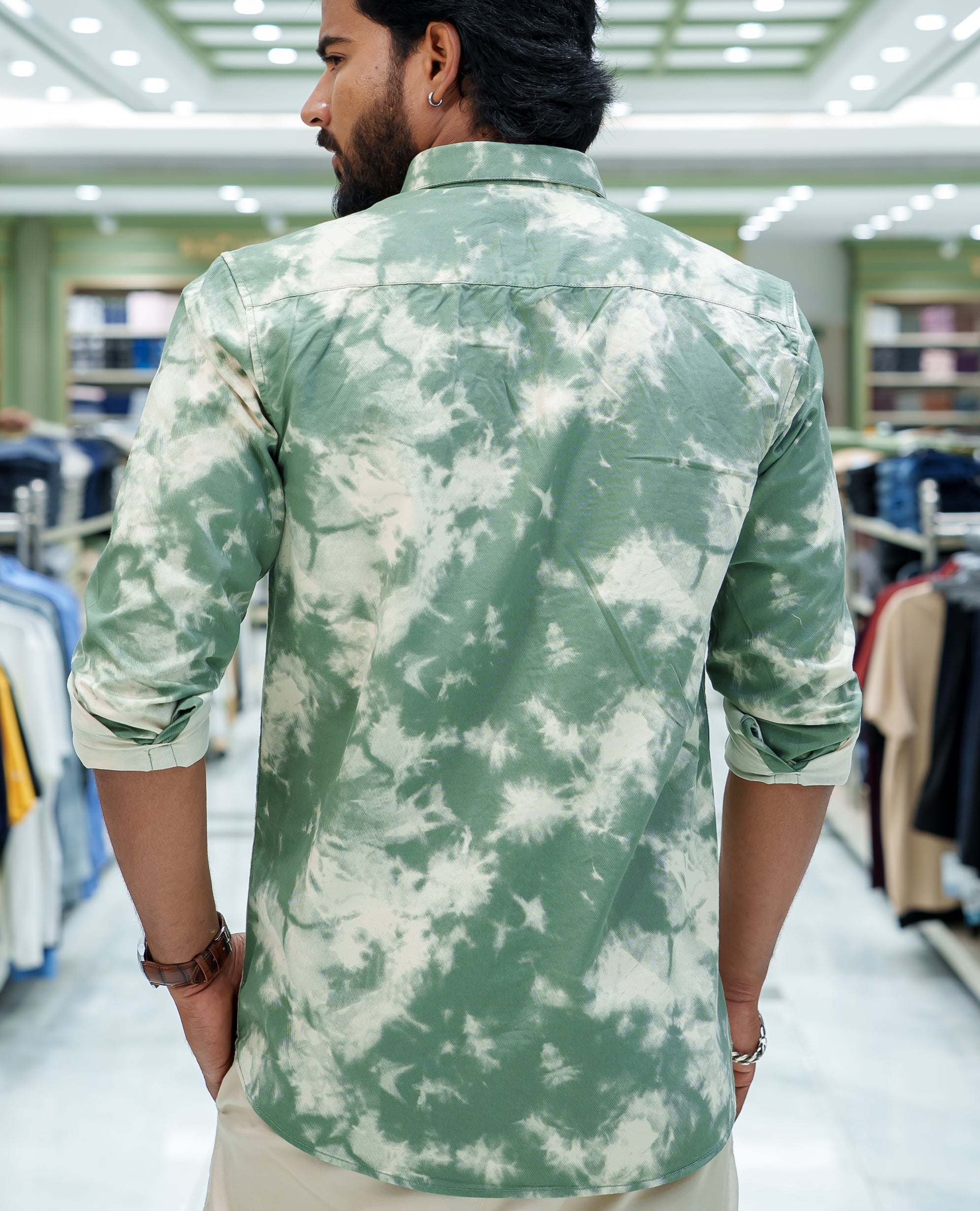 Green Cotton Blended Casual Shirt, Subtly Decked Up with Acid-Washed and Typography Patch Embroidery on the Chest, Featuring a Spread Collar, Full Sleeves, Slim Fit, and Regular Length