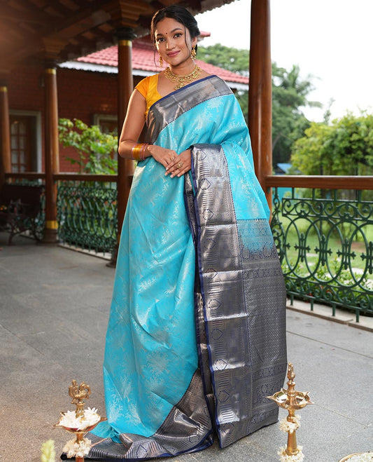 Light Blue-Navy Blue Tree Zari Butta Budget Silk Saree