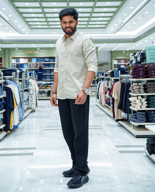 Grey Cotton Blended Casual Shirt, Accentuated with Acid-Washed and Typography Patch Embroidery on the Chest, Featuring a Spread Collar, Full Sleeves, Slim Fit, and Regular Length