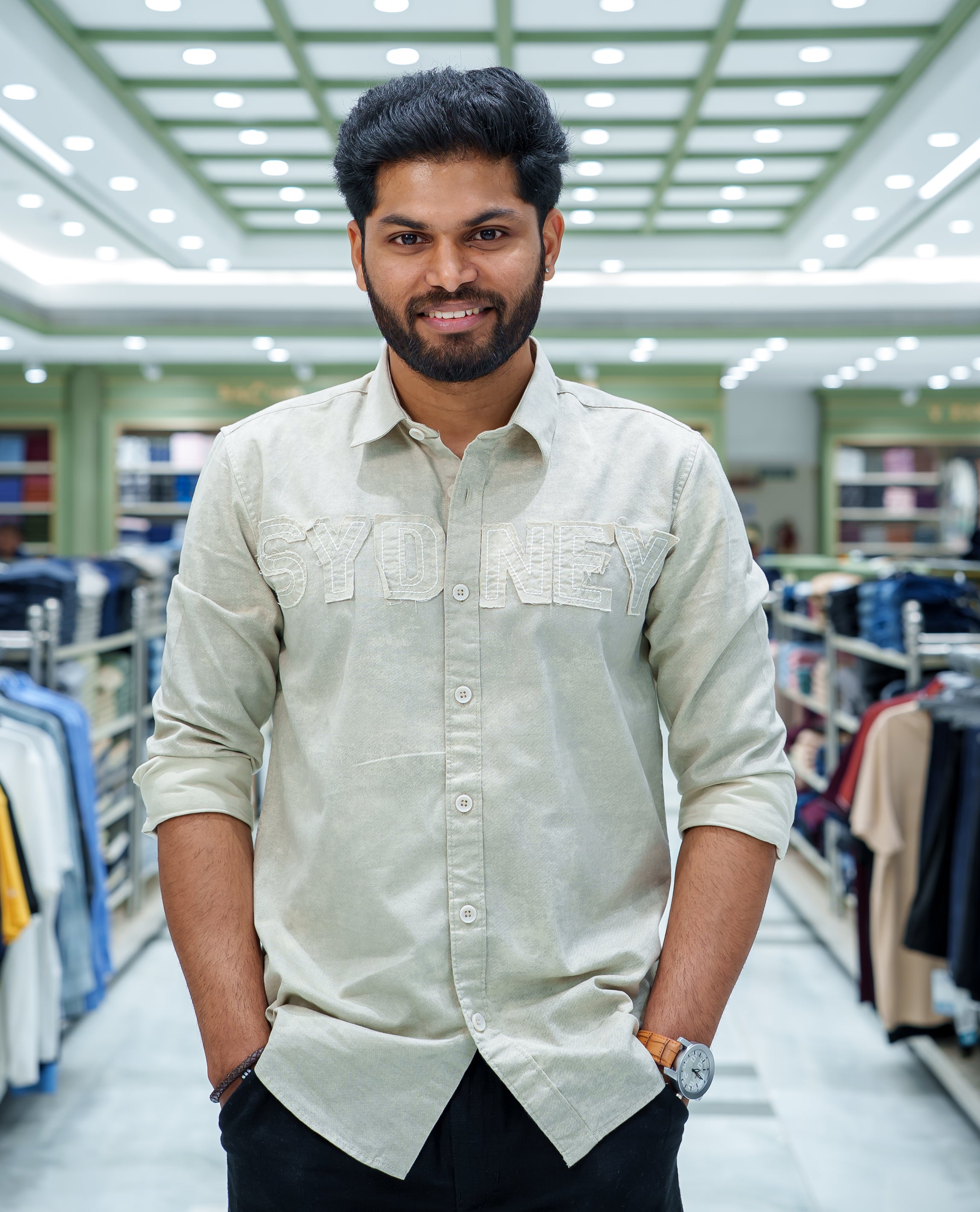 Grey Cotton Blended Casual Shirt, Accentuated with Acid-Washed and Typography Patch Embroidery on the Chest, Featuring a Spread Collar, Full Sleeves, Slim Fit, and Regular Length
