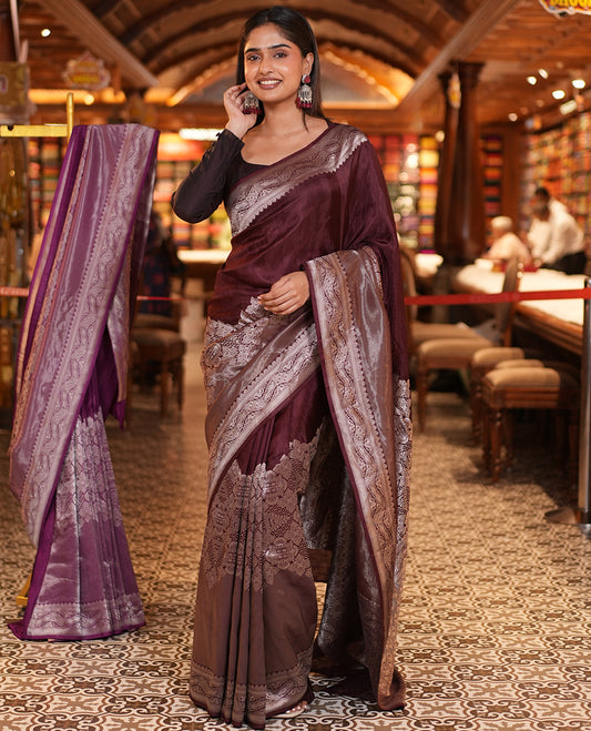 Coffee Brown Matka Silk Saree, Richly Decorated with Skirt-Border-Style Geometric Zari Patterns On Its Body, Highlighted by Zari Border, Grandly Zari Woven Pallu, and Paired with a Contrast Blouse