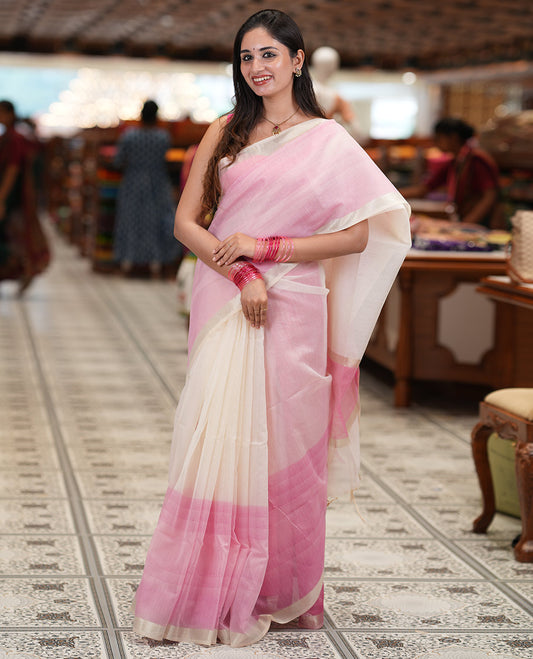 Cream Plain Nuni Cotton Saree, a Contrast Zari Border, Plain Pallu, and Contrast Blouse