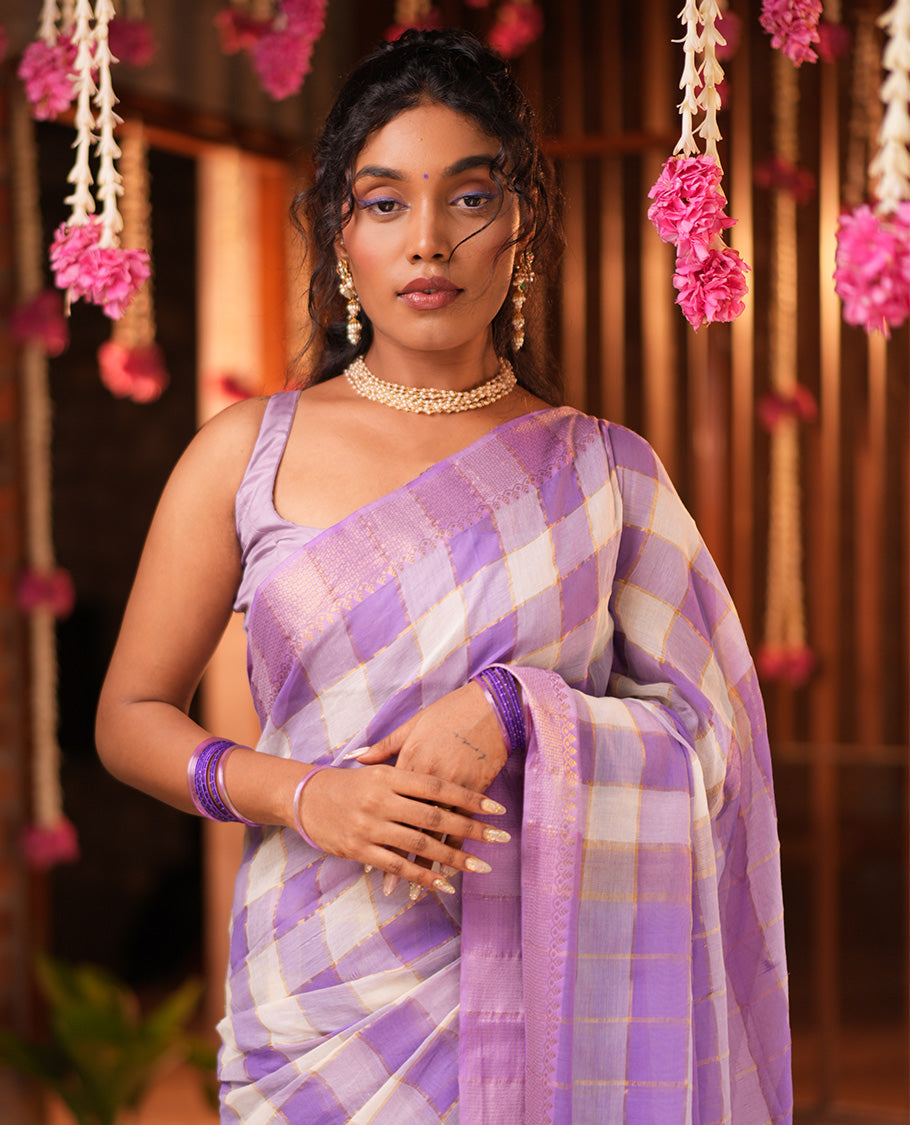 Lavender Checked Khadi Mul Cotton Saree
