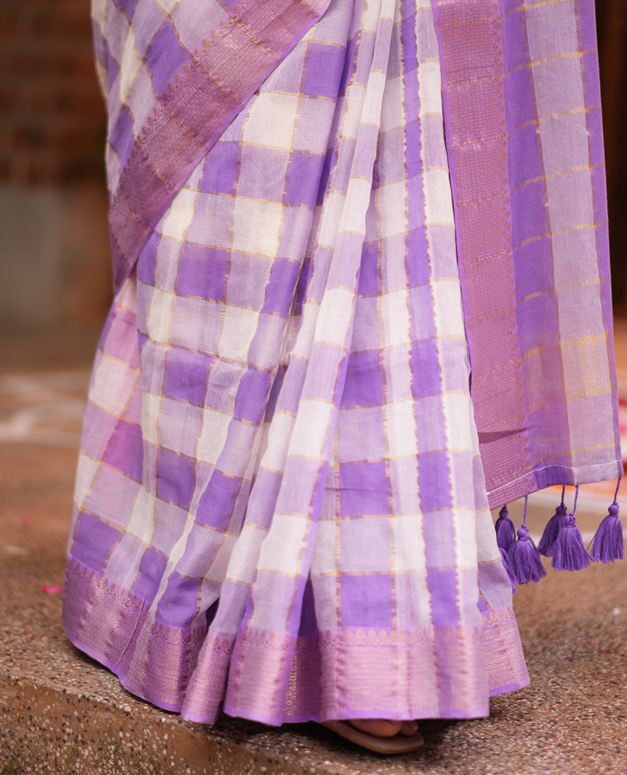 Lavender Checked Khadi Mul Cotton Saree