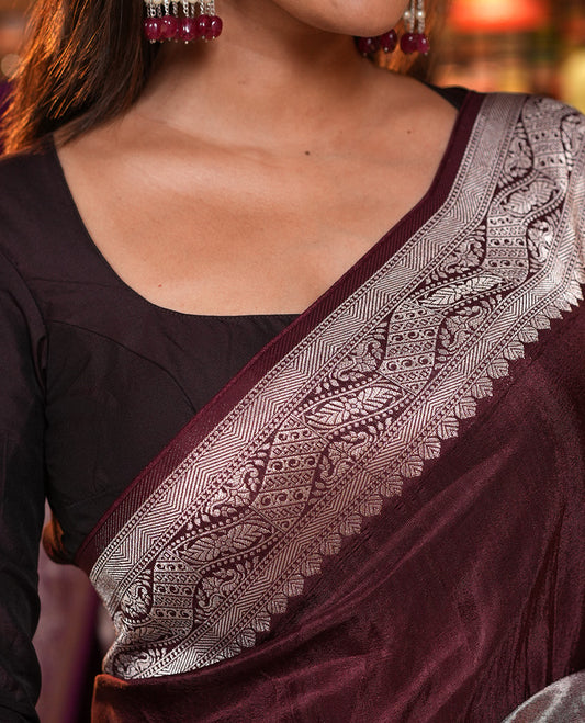 Coffee Brown Matka Silk Saree, Richly Decorated with Skirt-Border-Style Geometric Zari Patterns On Its Body, Highlighted by Zari Border, Grandly Zari Woven Pallu, and Paired with a Contrast Blouse