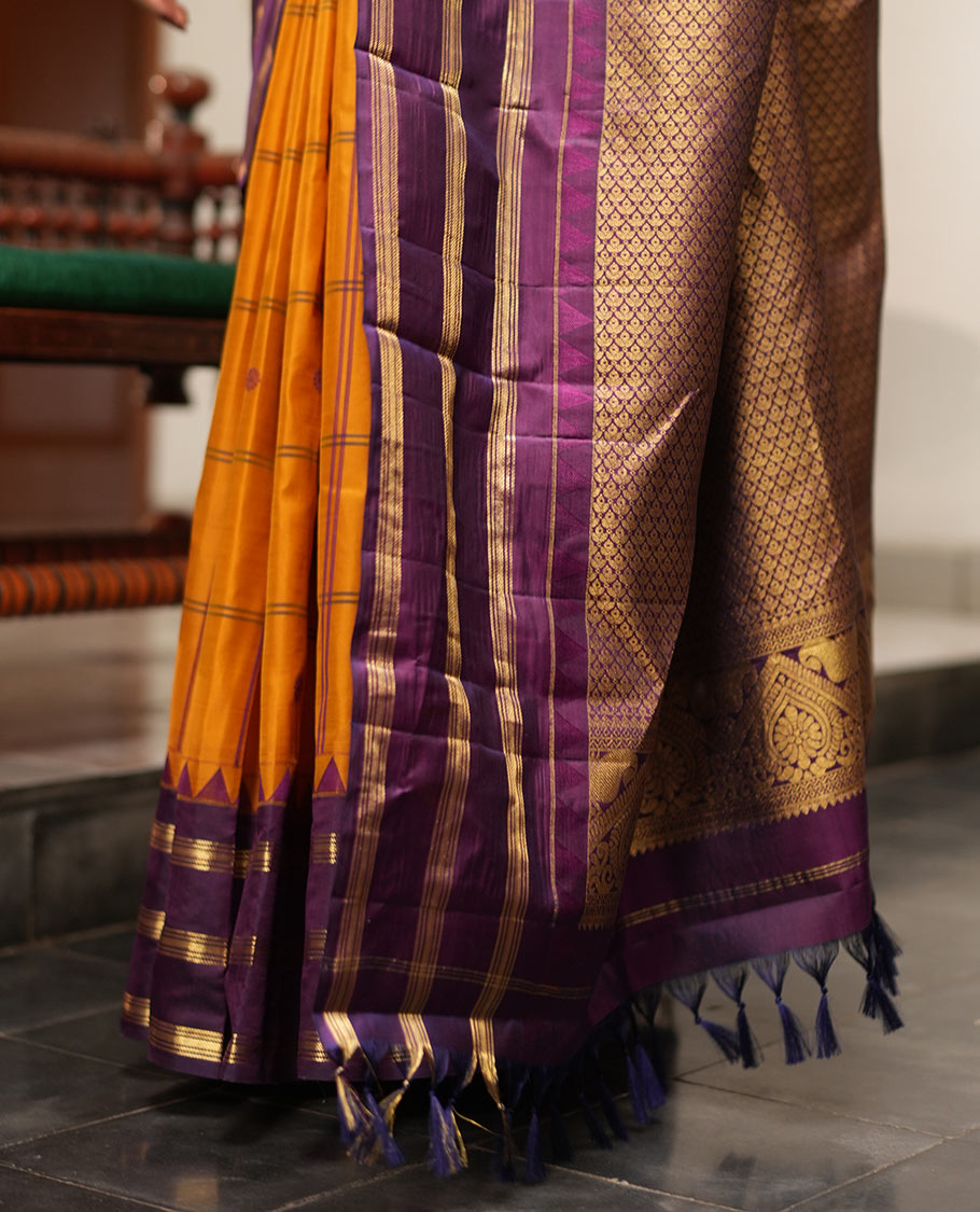 Mustard Checked Vasundhara Lite Silk Mix Saree,Contrast Temple Border,Grand Pallu,Contrast Blouse