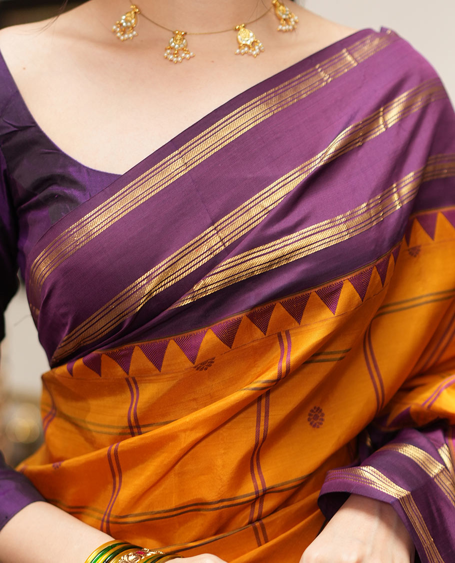 Mustard Checked Vasundhara Lite Silk Mix Saree,Contrast Temple Border,Grand Pallu,Contrast Blouse