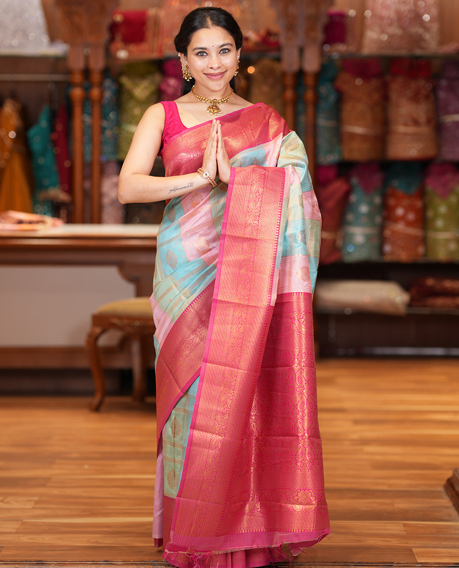 Multi-Color Zari Butta Enclosed Checks Litchi Saree, Graced with Contrast Traditional Border and Blouse