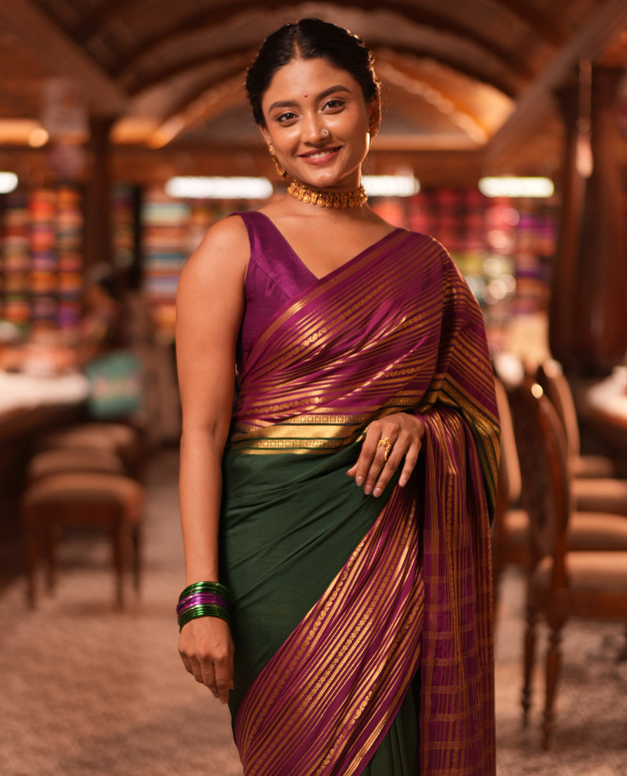 Bottle Green Semi-Mysore Silk Saree, a Contrast Big Traditional Zari Border, Striped Pallu, a Contrast Blouse