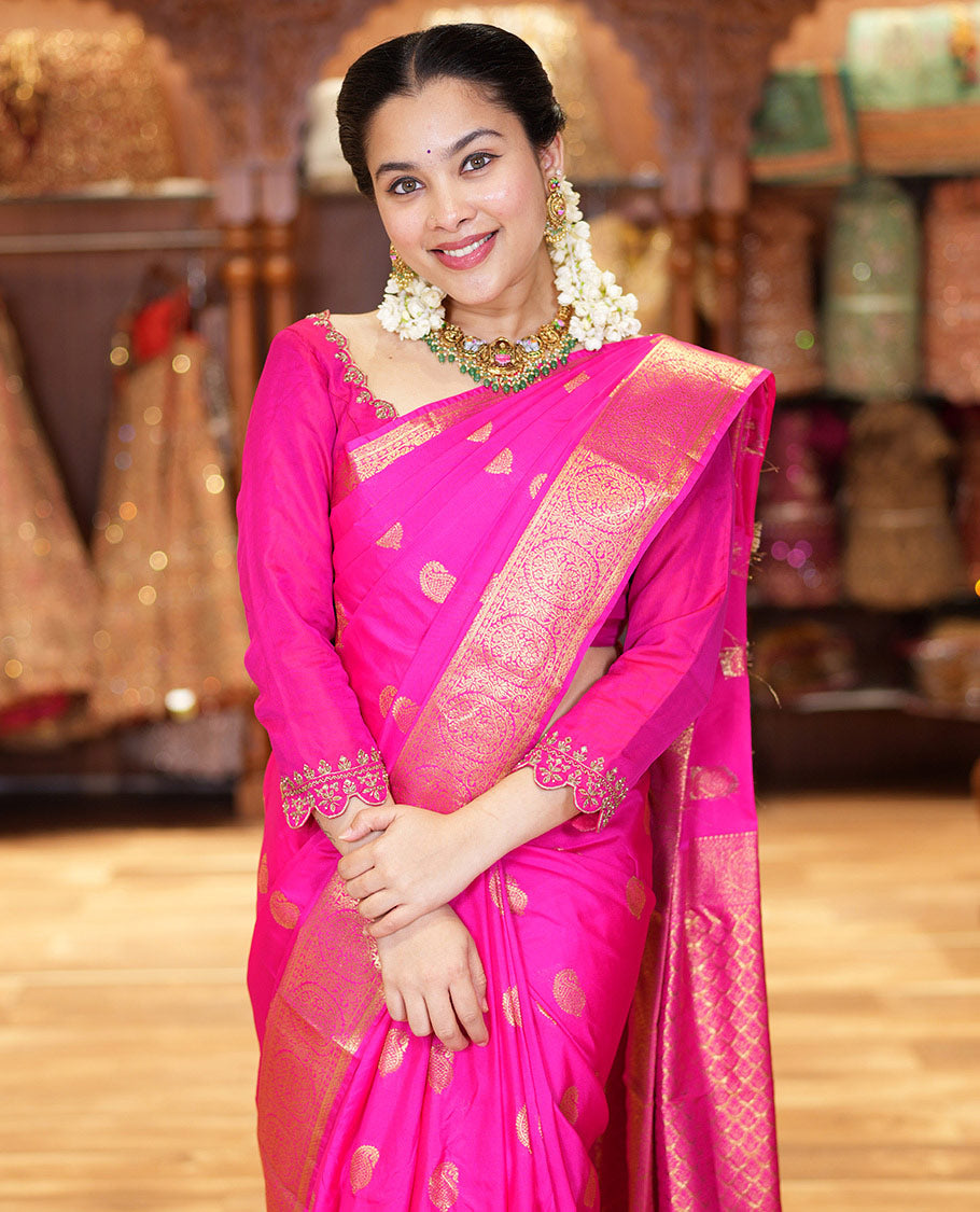 Pink Budget Silk Saree Bedecked with Paisley Buttas All Over Its Body, Highlighted by a Traditional Zari Design Border, Grand Pallu of Jaal Designs, and Paired with a Matching Blouse
