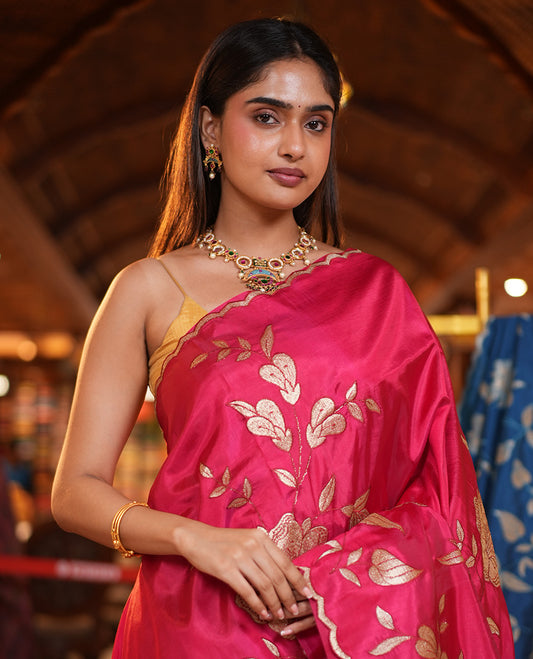 Rani Pink Dupion Silk Saree, Delicately Decked Up with Floral-Leaf Vine Embroidered On Its Body, Subtle Scallop Border, Artfully Floral Embroidered Pallu, and Paired with a Plain Blouse